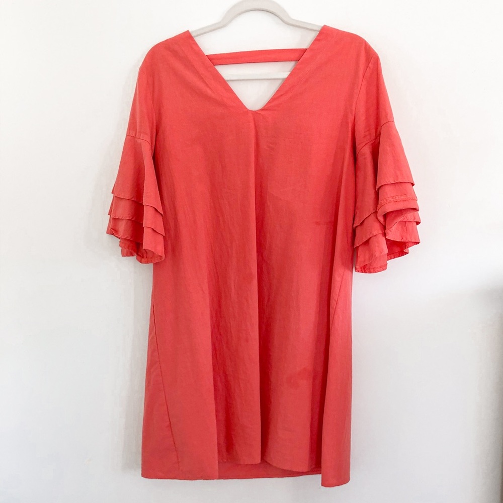 Misslook Coral V Neck Ruffle Sleeve Flare Dress